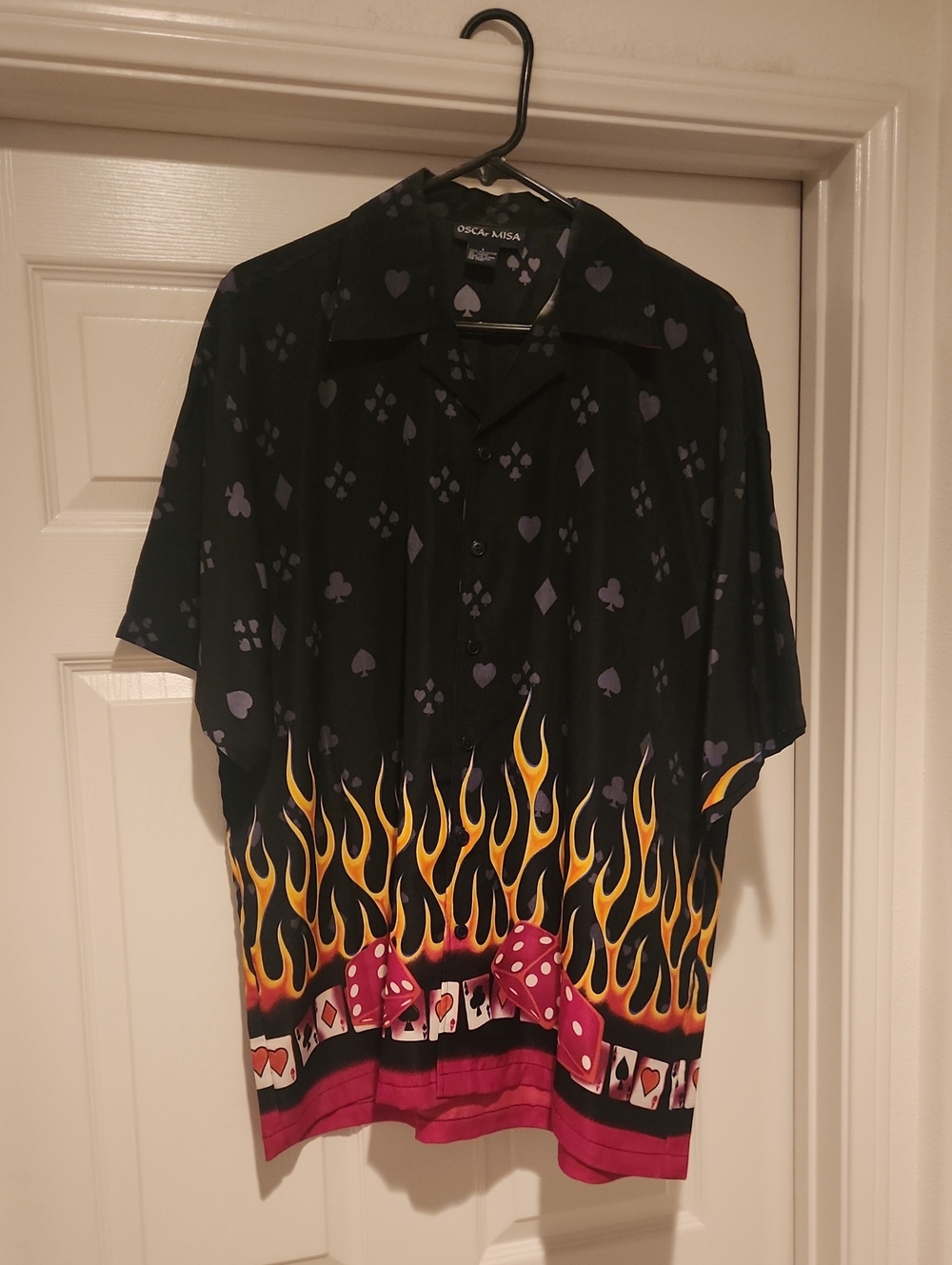 Black Short-Sleeve Button Shirt with Flame & Card Motif
